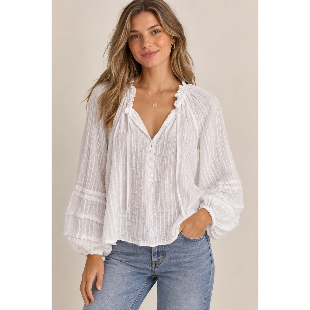 Lulus White Textured Stripe Ruffle V-Neck Balloon Sleeve Blouse Medium